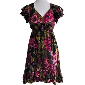 Betsy Johnson 100% Silk  Floral Print Dress Ruffle Details V Neck Size P‎